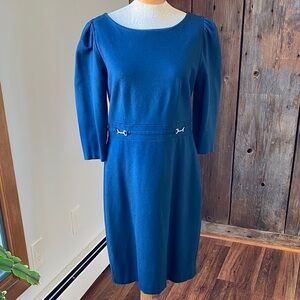 Ann Taylor heavy weight ponte knit blue/black puff sleeve midi dress Sz 10